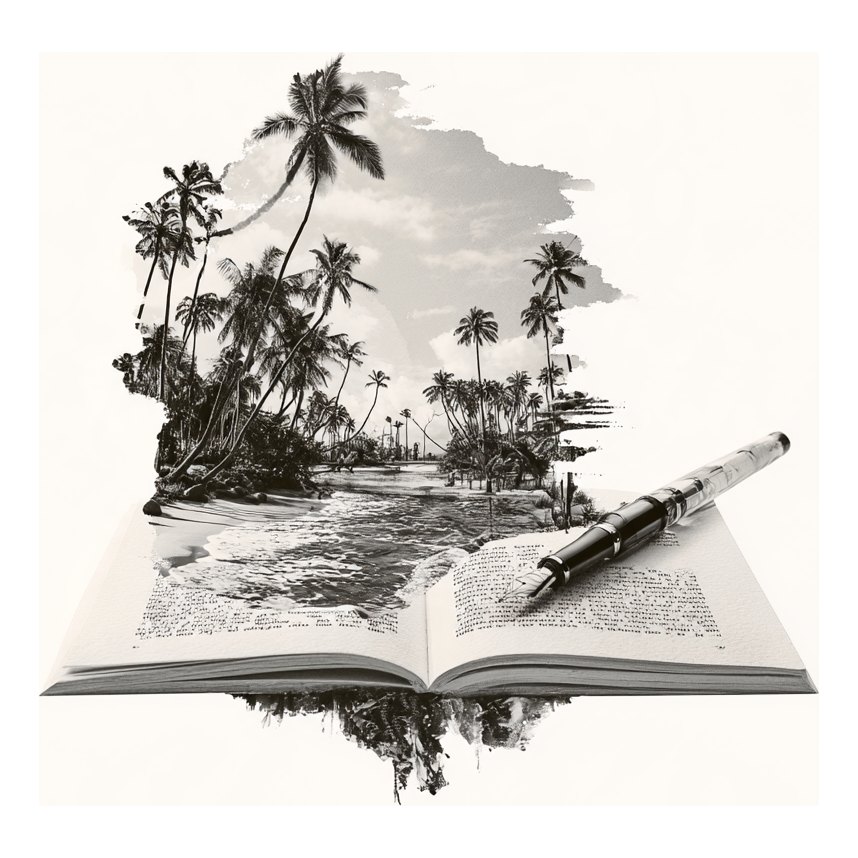 An open book with a fountain pen resting on it, a landscape rising from its pages.