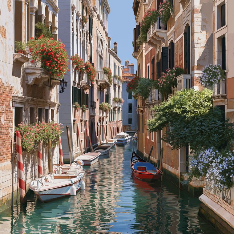 A narrow Venetian canal lined with flower boxes and moored boats.