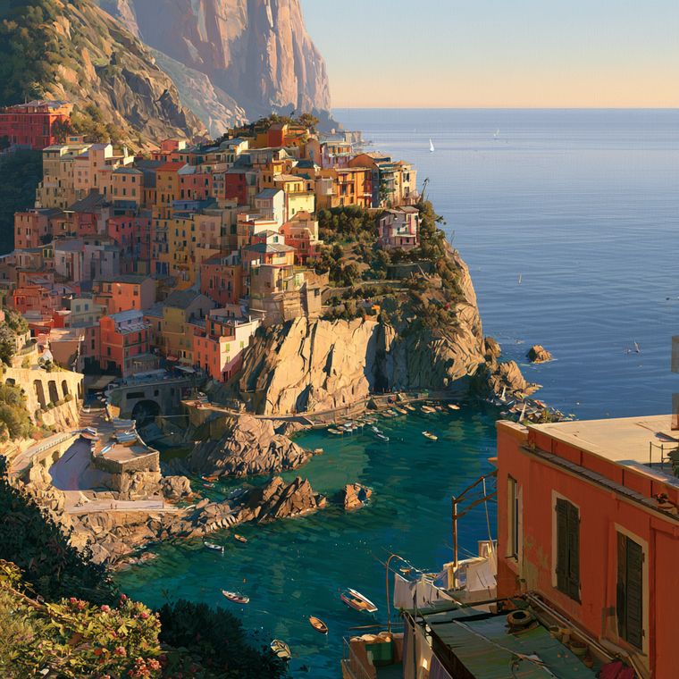 A cliffside village of colorful houses above a turquoise harbor.